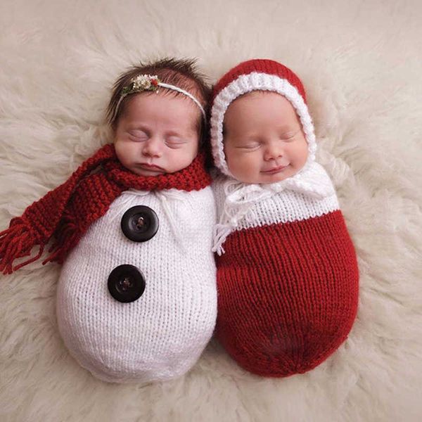 Vestidos de bautizo Accesorios de fotografía para recién nacidos Envoltura de Navidad Muñeco de nieve Ganchillo Saco de dormir con bufanda Sombrero Imagen Ropa Disparo Suministros de estilo T221014
