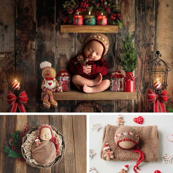 Vestidos de bautizo Accesorios de fotografía recién nacido Sombrero de cuentas de Navidad Conjunto de abrigo Fieltro de lana Muñeca de pan de jengibre Bebé Niña Niño Accesorios de fotografía Fondo T221014