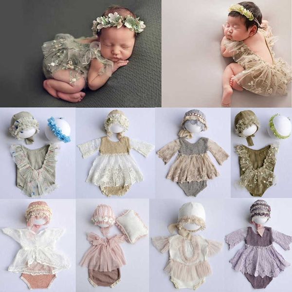 Vestidos de bautizo de fotografía recién nacida accesorios de niña de encaje de encaje de cuerdas de mamelucos