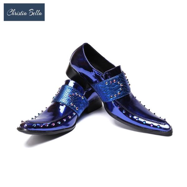 Zapatos de vestir Christia Bella Hombres Casual Lujo Cuero genuino Azul Formal Monje Hebilla Correas Boda Brogues Zapatos Hombre