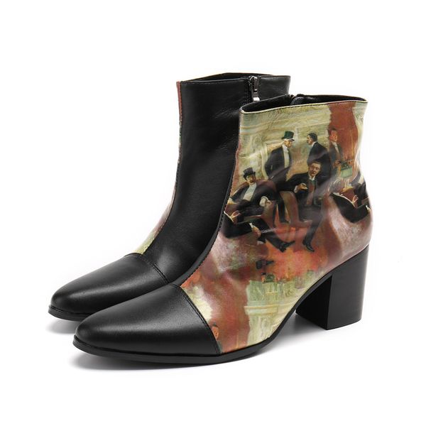 Botas de tacón alto para fiesta de discoteca Christia Bella para hombre, botines de piel auténtica con estampado Vintage, zapatos de vestir formales para hombre