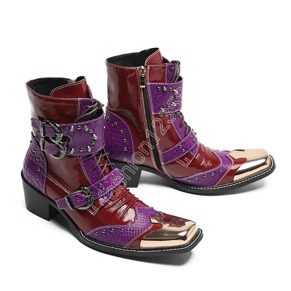 Christia Bella hiver mode chaussures de fête en métal bout carré Rivets Cowboy bottes courtes hommes à lacets moto bottines grande taille