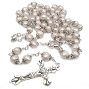 Collar cruzado de Rosario de gama alta con perlas naturales de agua dulce, catolicismo cristiano, accesorios religiosos, regalo de Navidad
