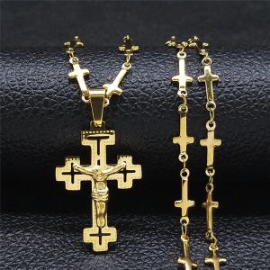Christelijk Kruis Jezus 14k Geel Gouden Ketting voor Vrouwen/Mannen Goud Kleur Kruisbeeld Rozenkrans Ketting Sieraden rosario hombre