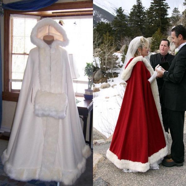 Navidad 2018 Capa nupcial con capucha barata Marfil Blanco Rojo Capas largas de la boda Piel sintética para la boda de invierno Abrigos nupciales Capa nupcial Tallas grandes