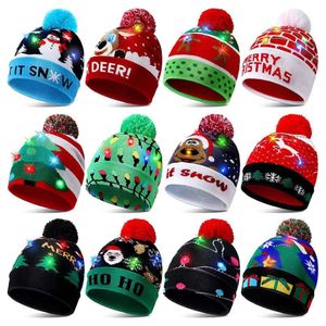 Kerstmis 2024 LED LICHT BEANIE Winter Sneeuwtrui gebreide hoed met lichten verlicht warme hoeden voor kinderen Volwassenen Nieuwjaar Kerstmis feestartikelen S S S S