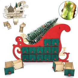 Kerst Adventskalender Ornamenten Houten Lichtgevende Decoratie Gadget met 24 Laden LED Licht Opslag Thuis Feestcadeaus 240201