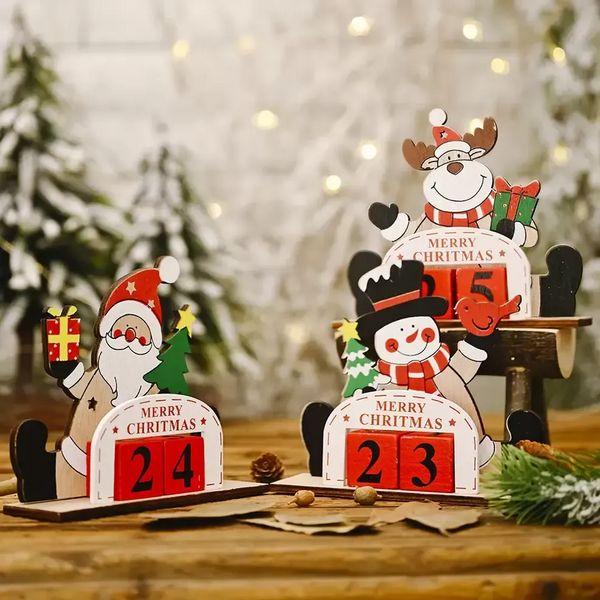 Noël avent compte à rebours calendrier bureau ornement blocs en bois père noël bonhomme de neige renne décoration de table P0824