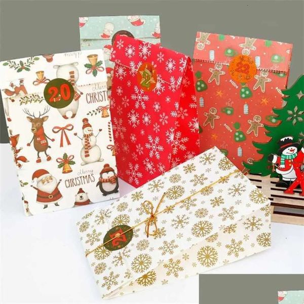 Décorations de l'Avent de Noël Sacs de calendrier 24 jours Sac-cadeau Paper Sac avec autocollants Diy Candy Storage Sacheses NAVIDAD DECO DHMW0