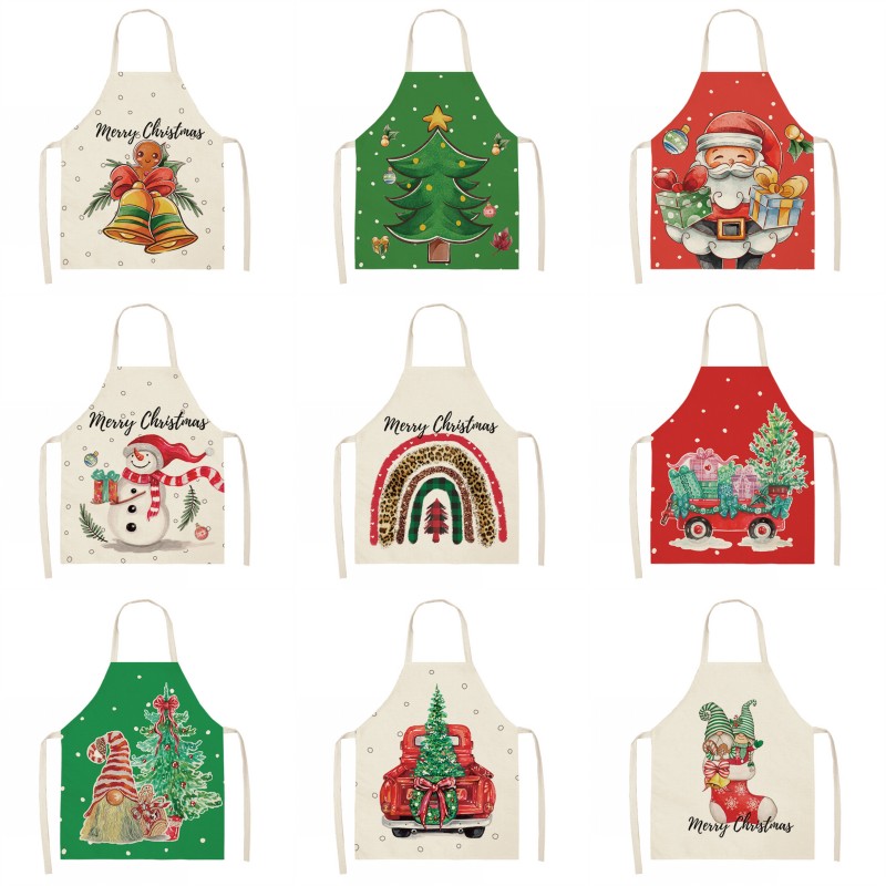 Christmas Aprons Adjustable Kitchen Women Chef Cooking Santa Claus Tree Snowflake Style Baking Grilling Aprons 68x55cm