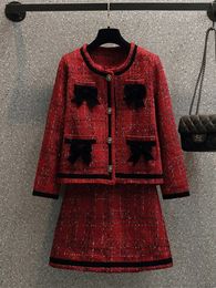 Noël automne hiver rouge laine 2 pièces ensemble femmes noir nœud papillon simple boutonnage poche Tweed veste manteau Mini jupe costume 240105