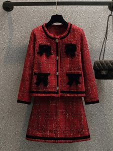 Noël automne hiver rouge laine 2 pièces ensemble femmes noir nœud papillon simple boutonnage poche Tweed veste manteau Mini jupe costume 240113