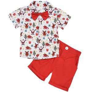 Kerstmis Baby Boy -kleren Sets Cartoon Print Boys Short Sleeved Bow Shorts Pak Kids Baby Shirt Shorts Casual Gentleman Suit G220509