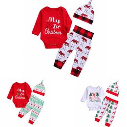 Noël bébé fille vêtements ensemble lettre imprimée infantile fille barboteuse pantalon chapeau 3 pièces ensemble à manches longues nouveau-né fille body bébé vêtements BT4826