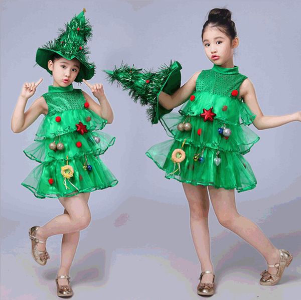 Conjuntos de ropa navideña para niñas, ropa de rendimiento para jardín de infantes de espíritu verde, sombrero de disfraz y vestidos de árbol de Navidad, conjunto de 2 piezas, ropa para niños