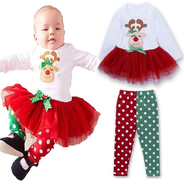 Navidad para niñas para niñas trajes de ropa para niña tutu tutu lunar lunaros 2 piezas de ropa para niños pantalones de blusa de reno 210413