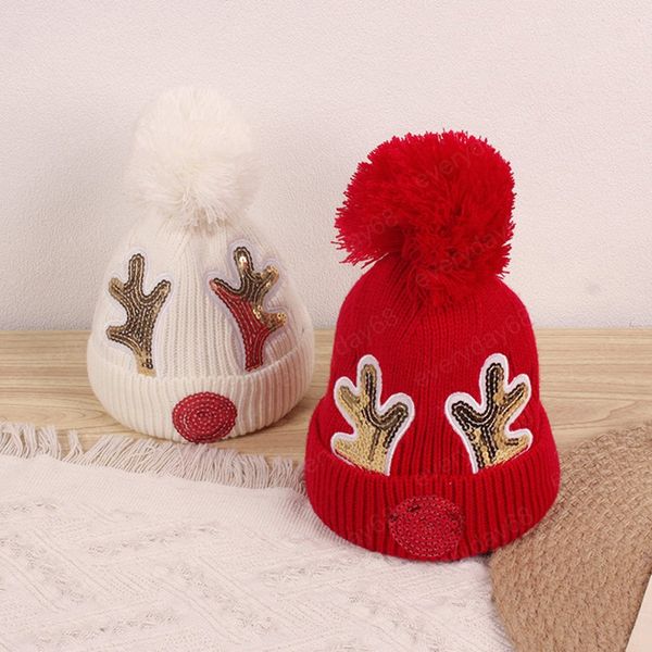 Gorro navideño para bebé con pompón grande, bonito gorro tejido de reno con lentejuelas para niño, gorro cálido para niño de 1 a 5 años