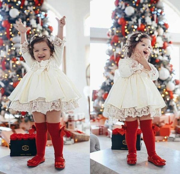 Robe de noël rouge pour petites filles, manches longues, avec nœud en dentelle, Tutu, robes de fête de mariage et d'anniversaire, Costumes de noël pour filles, 4135201