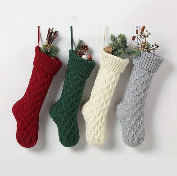 Sacs de Noël chaussettes tricotées rouge vert blanc gris tricot bas arbre de Noël suspendu cadeau chaussette fête de noël bonbons bas