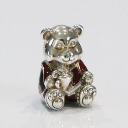 Christmas Bear Charm, Red and White Email 925 Sterling Silver, geschikt voor Charm Beads Bracelet Jewelry 797564NMX Fashion Gift Pendant