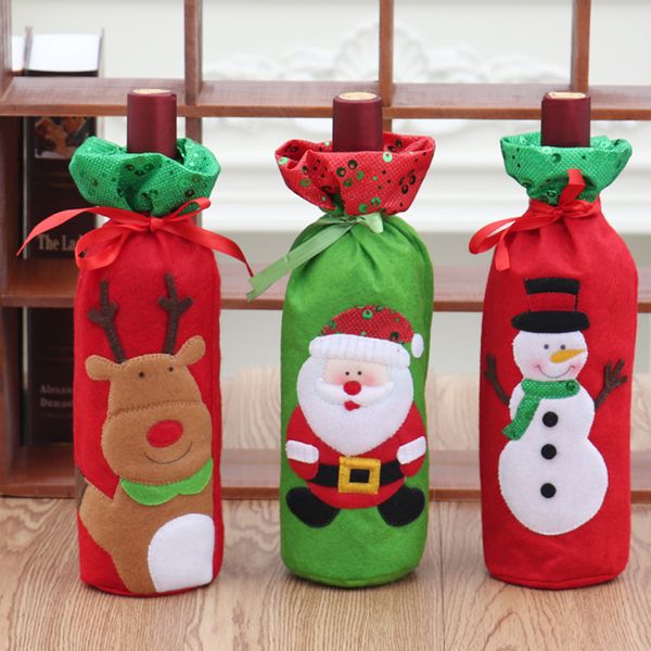 Cervezas de Navidad Botella Decoración Bolsa Santa Claus Dibujos animados Bordado Lentejuelas Botellas de vino Bolsas Muñeco de nieve Elk Vinos tintos Conjunto Adorno BH4863 WLY