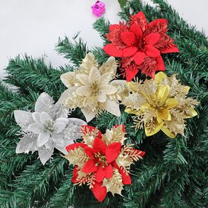 Noël grand Poinsettia paillettes fleur arbre suspendu décoration de fête de noël fleur de noël Simulation fleur guirlande de noël accessoires