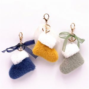 Kerst Boot Sleutelhanger Ring Pluche Bont Autosleutelhanger voor Vrouwen Meisjes Schattig Kant Strik Tas Bedels Hangers Kerstcadeau Cartoon Pompom Sleutelhanger Mode Accessoires