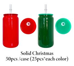 Noël Borosilicate boisson froide sublimation couleur unie 16oz verre à bière peut boire des gobelets avec paille en plastique transparent pour transfert UV DTF 50pcs / ctn 1222