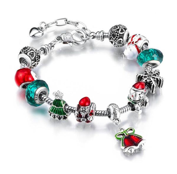 Bracelet de Noël Santa Bell Bracelet à breloques Fabrication de bijoux à bricoler soi-même Vert Arbre de Noël Argent Couleur alliage Cristal Perle Bracelet 20pcs