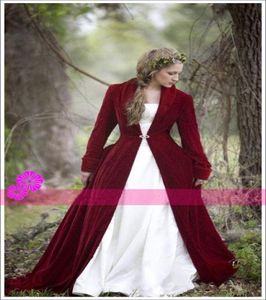 Christmas Bourgondy Red Velvet Winter Bridal Cloaks Lange mouwen Vneck Dames Wedding Jackets Wraps Coats Plus Size Accessories2223996