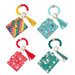 Porte-clés en Silicone pour sac de cartes de noël, perle de poignet, pendentif en PU, pompon, Bracelet, portefeuille pour femmes, cadeau de noël