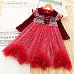 Vestidos de princesa de gasa roja para niños de Navidad, vestido de tul con encaje de Seda brillante y lazos para niñas, ropa de fiesta para niños de Navidad Z5155