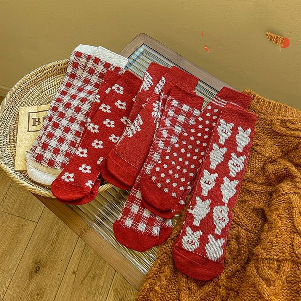 Calcetines navideños para niños Otoño Invierno niños niñas conejo floral a cuadros lunares calcetín tejido niños calcetines rojos de Navidad Z5467