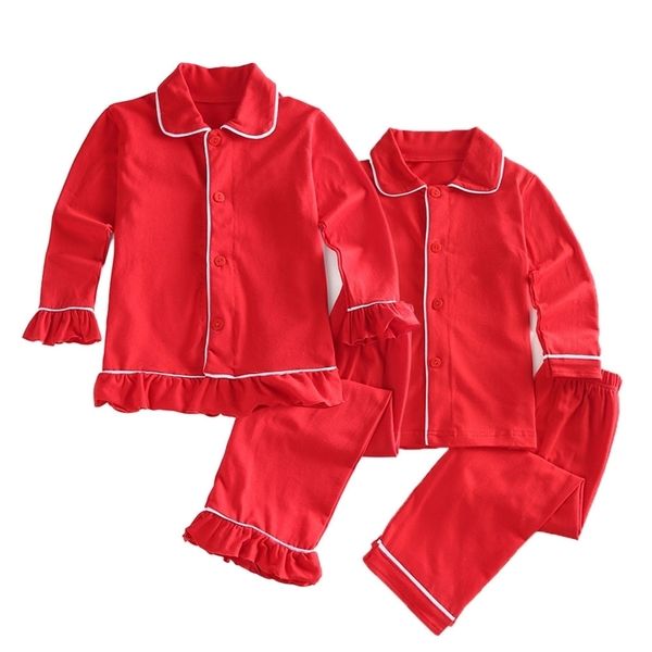 Noël classique enfants vêtements coton doux solide mignon pyjama rouge hiver avec volant fille enfants pyjamas à manches longues vêtements de nuit 211130
