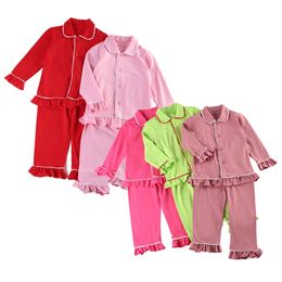 Christmas Classic Kids Loungewear algodón suave sólido lindo pijama rojo invierno con volantes niña niños pijamas de manga completa ropa de dormir 211130