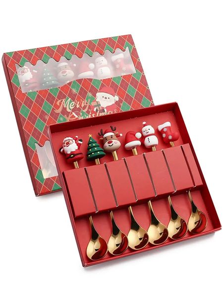 Juego de tenedores de cucharas de café navideñas (4 piezas) (6 piezas), tenedores de cuchara de acero inoxidable regalos de Navidad para niños (juego de caja de regalo roja/verde)