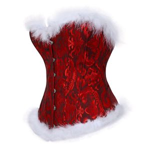 Christmas Corset Tops Corsets sexy des femmes Bustiers plus taille Plumes blanches Lingerie Overbust Burlesque Santa Costumes