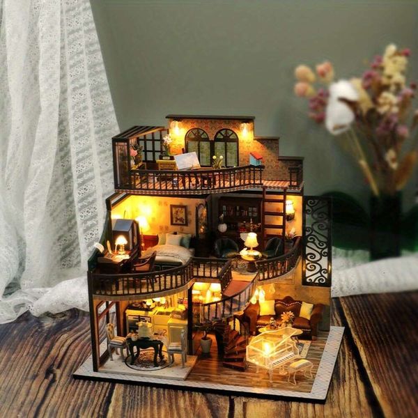 Navidad creativo DIY modelo montaje pequeño Loft Retro Decoración 3D casa de muñecas regalo hecho a mano