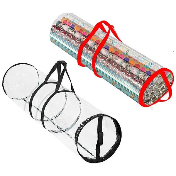 Cilindro de Navidad Envoltura de regalo Almacenamiento Bolsa transparente Papel de envolver Organizador debajo de la cama para rollos de 100 cm Bolsas de lazos de cinta 240124