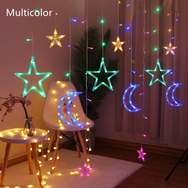 Décoration de Noël Rideaux Lumineux Étoiles Lune Fenêtre Glaçon Lumière Télécommande Vacances Toile de Fond Guirlande Lumineuse 8 Modes pour Maison Chambre Mariage Fête Mur