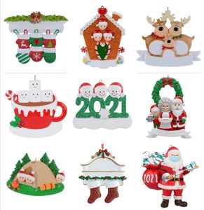 Kerstdecoratie DIY Ornamenten Verjaardagen Feestcadeau Product Gepersonaliseerde Familie van 4 Ornament Pandemische Hars Accessoires met Rode LL