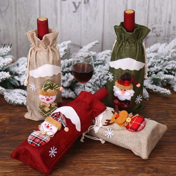 Bolsas de yute para decoración navideña, adornos de Papá Noel, fundas para botellas de vino y champán, bolsa con cordón para cena, envío marítimo JNC279