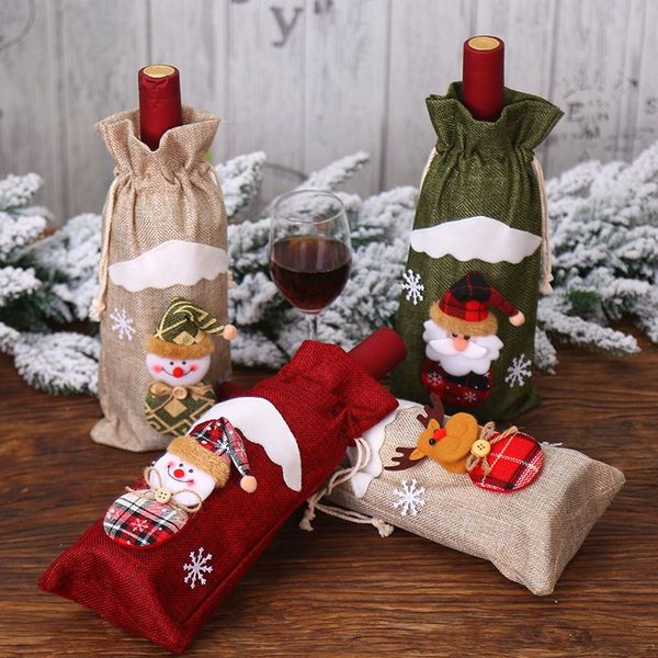 Decoración navideña Bolsas de yute Adornos de Papá Noel Botella de vino de champán Cubiertas Bolsa Cena Bolsa con cordón Envío marítimo RRC279