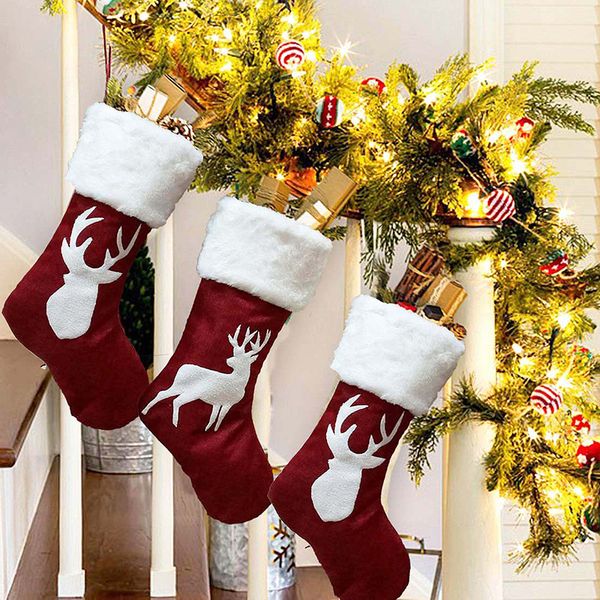 Colgante de decoración navideña, calcetines decorativos con patrón de ciervo grande, bolsa de regalo, 3 estilos, suministros festivos para fiestas 2021