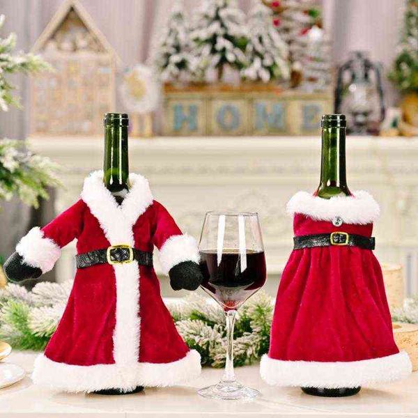 Vestido de falda con decoración navideña, juego de botellas de vino, mesa de comedor roja creativa para el hogar 2021