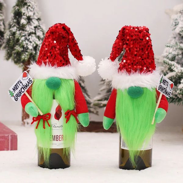 Suministros de decoración navideña Pareja de dibujos animados Grinch Juego de botellas de vino decorativas Mesa de cocina Accesorios de vestir al por mayor 1031