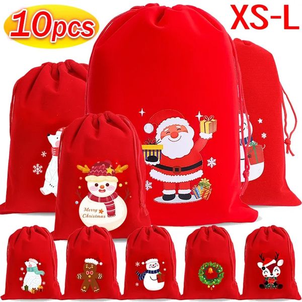 Décorations de Noël 1 / 10pcs Sacs de velours rouge Pochette de cordon Candy Snack Sac cadeau Bracelet Bijoux Emballage Stockage Année 2024 231018