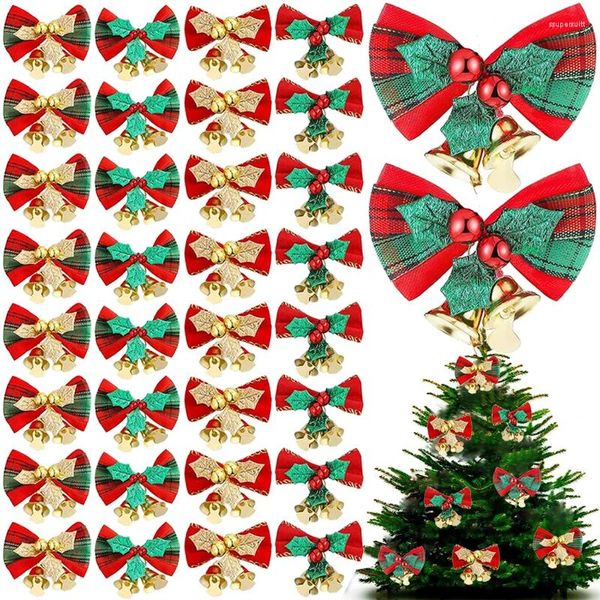 Decoraciones navideñas, 1/12 Uds., pajarita con campana, Mini adorno con lazo, coronas de árbol de Navidad, colgante, manualidades DIY, año en casa