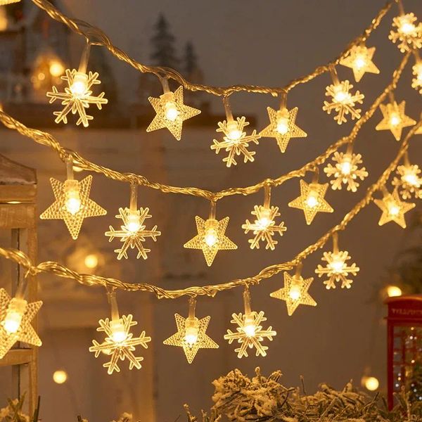 Decoraciones navideñas 1,5 M / 3M Copo de nieve Estrella LED Cadena de luces Luces de hadas Festón Guirnalda con batería para adorno de árbol Navidad 2024