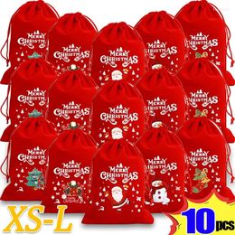 Decoraciones navideñas 10/1 Uds. Bolsas de terciopelo rojo Santa Candy Snack bolsa con cordón bolsa de embalaje para regalo de fiesta de año Almacenamiento de embalaje